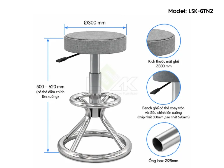 Ghế inox phòng thí nghiệm chân tròn mặt nệm Silimi