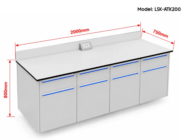 Góc trái bàn thí nghiệm áp tường dạng hộc tủ kín dài 2000mm LSK-ATK200
