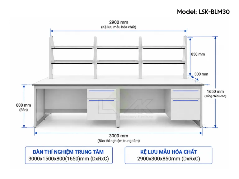Bàn thí nghiệm trung tâm có kệ lưu mẫu model: LSK-BLM30