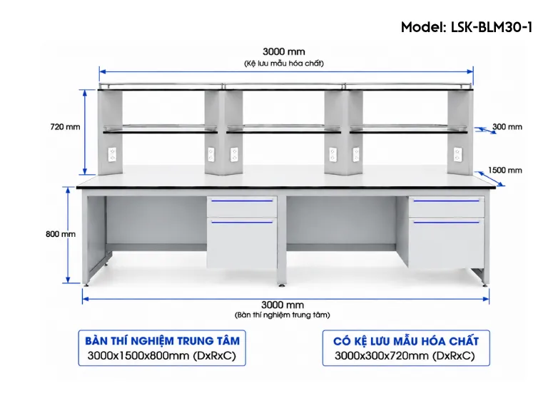 Bàn thí nghiệm trung tâm có kệ lưu mẫu model: LSK-BLM30-1
