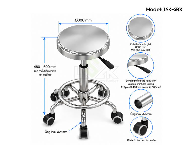 Ghế inox phòng thí nghiệm có bánh xe