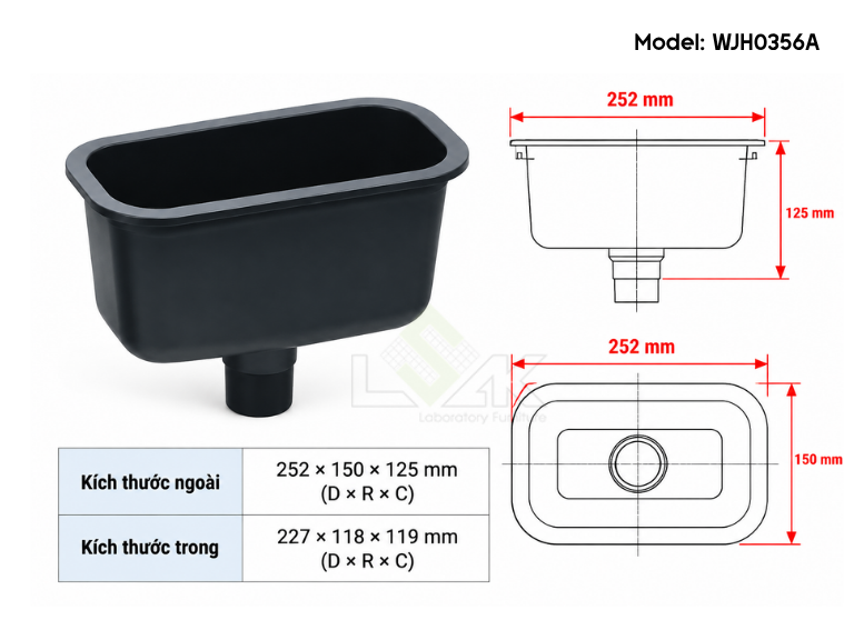 Thông số chậu rửa thí nghiệm nhựa PP hình oval