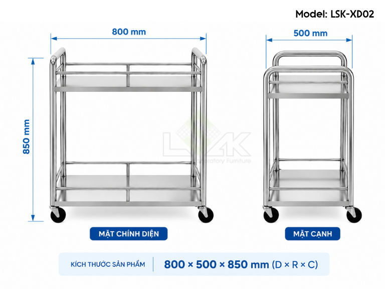 Thông số kích thước xe đẩy inox 304 phòng thí nghiệm 2 tầng