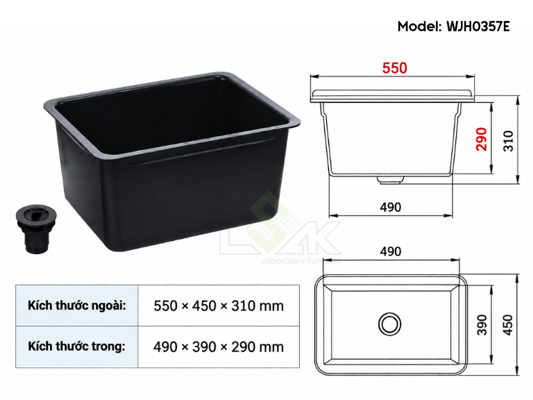 Thông số chậu rửa thí nghiệm nhựa PP hình chữ nhật WJH0357E