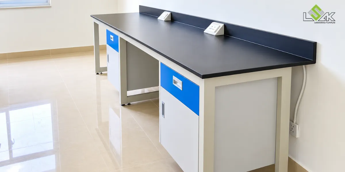 Hạng mục thi công bàn thí nghiệm áp tường có học tủ