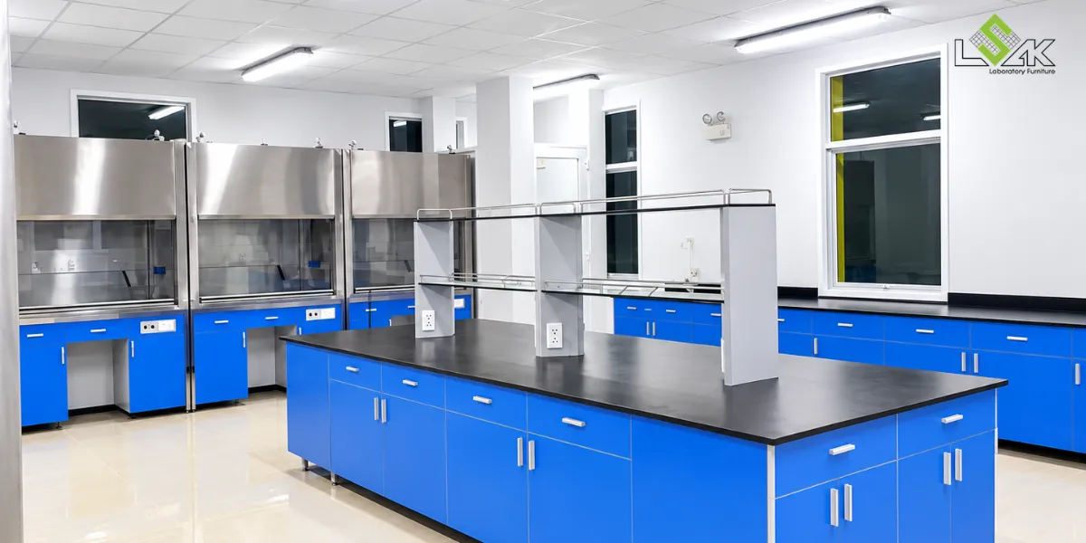 Hệ thống tủ hút khí độc (phía xa) được lắp đặt