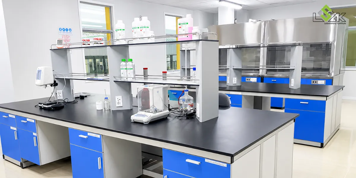Bàn thí nghiẹm trung tâm có kệ lưu mẫu được Lý Sơn Sa Kỳ Lab lắp đặt
